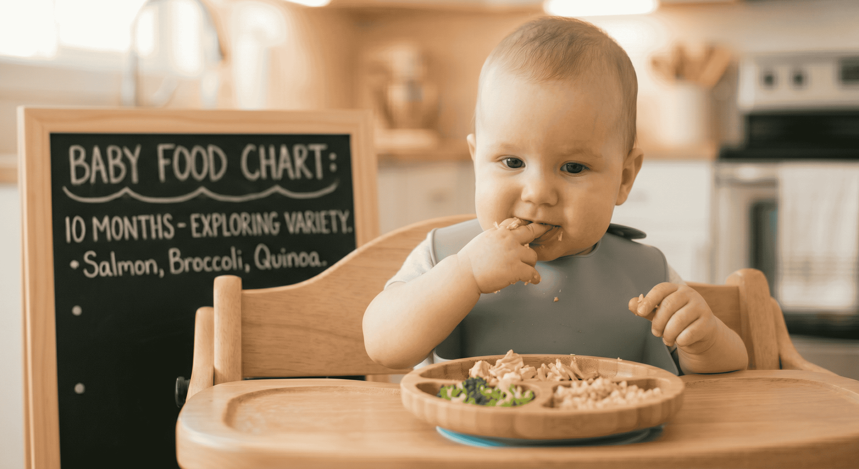 10 Month Baby Food Chart showing combination meals with salmon, broccoli and quinoa
