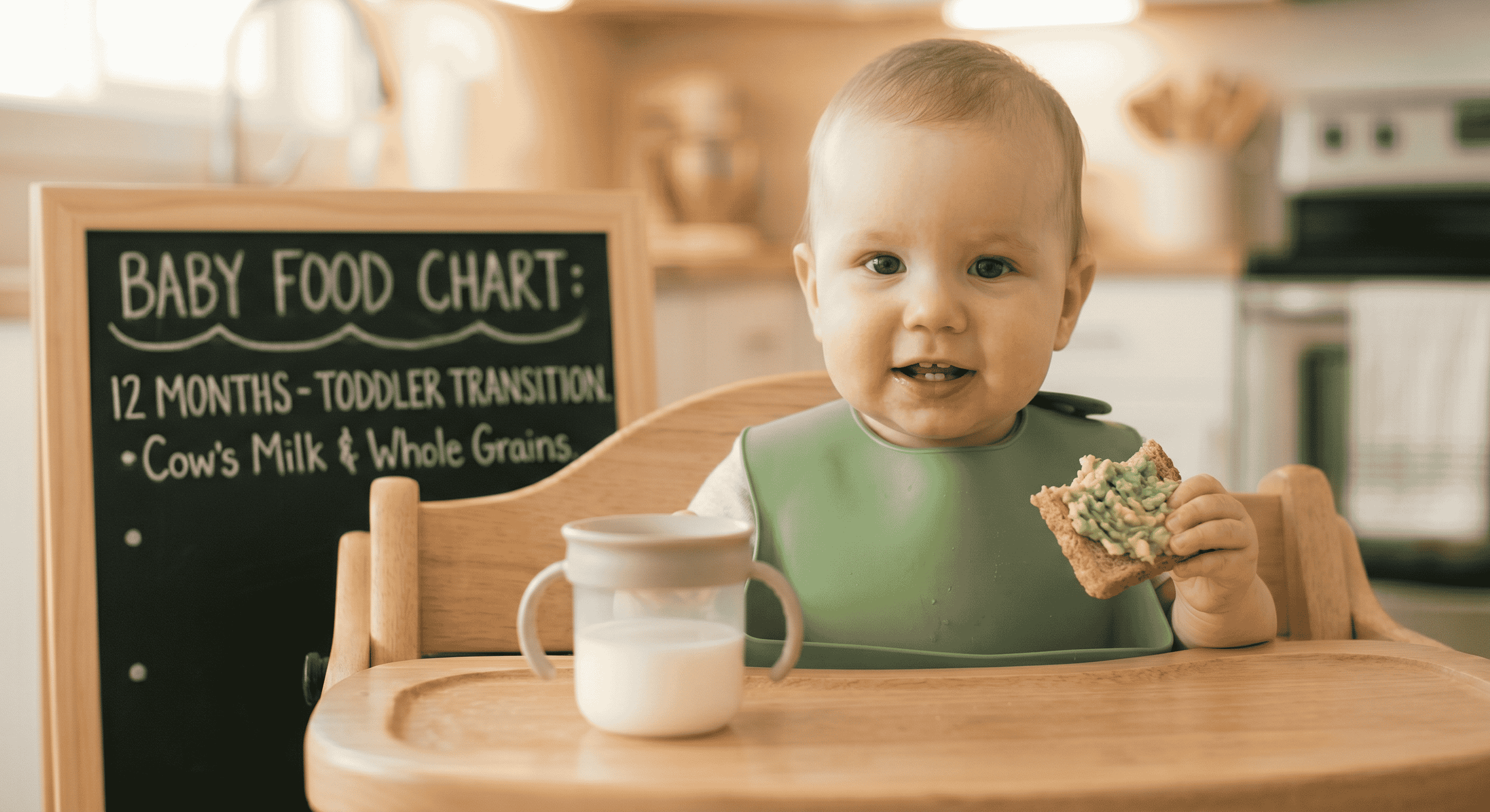 12 Month Baby Food Chart showing transition to whole cow's milk and whole-wheat toast