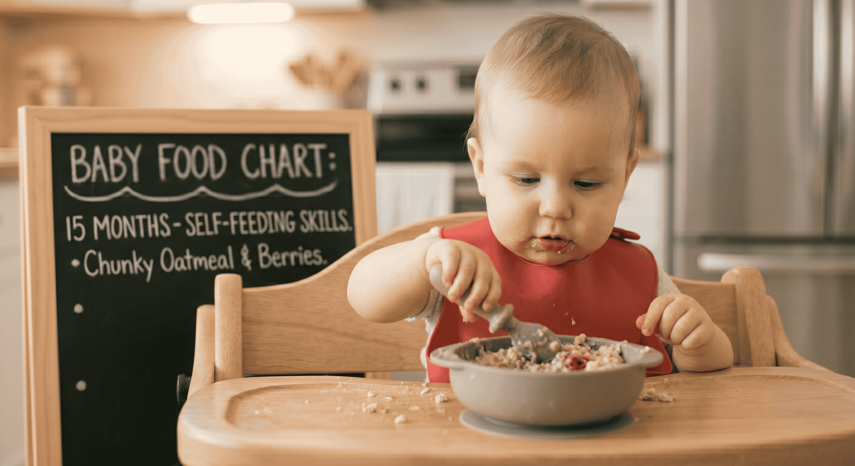 15 Month Toddler Food Chart showing self-feeding with chunky oatmeal and berries