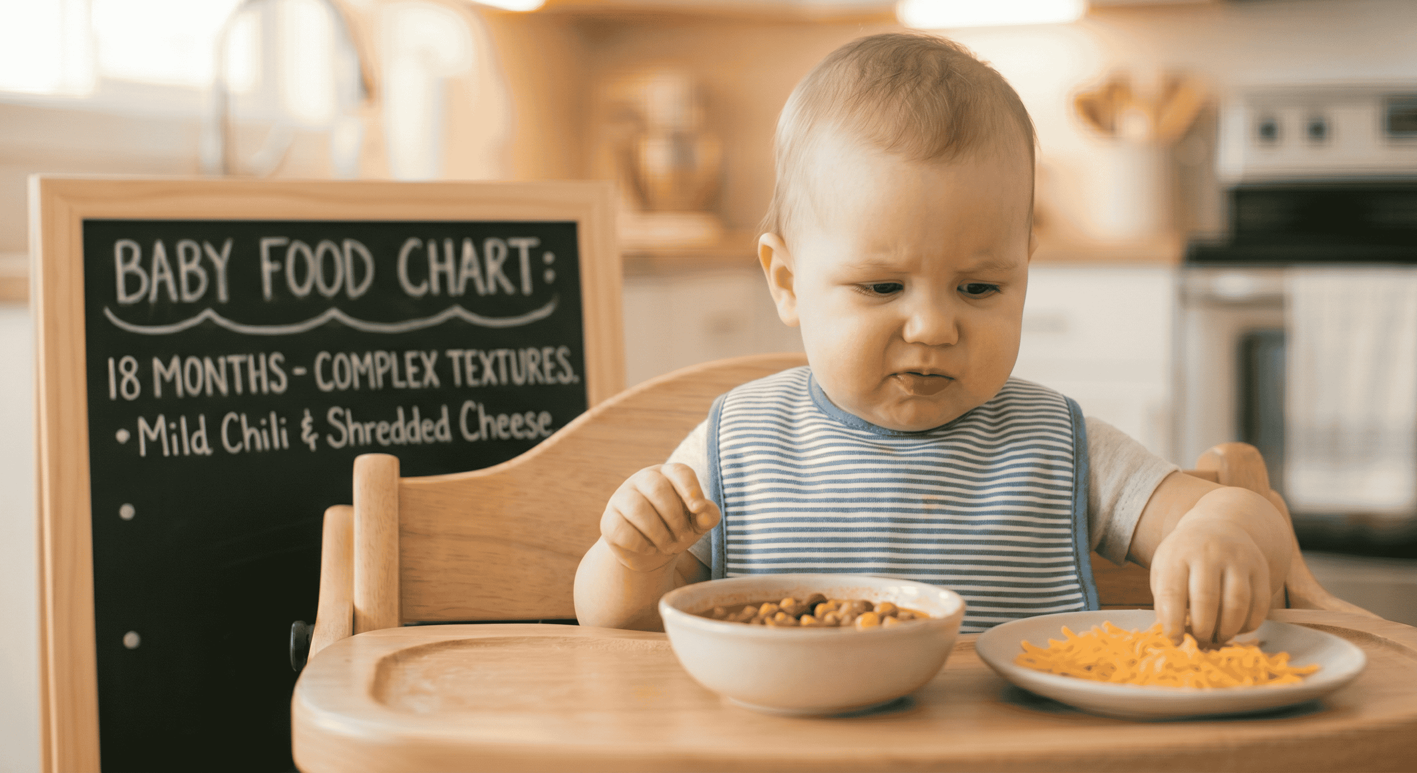18 Month Toddler Food Chart showing complex textures with mild turkey chili and shredded cheese