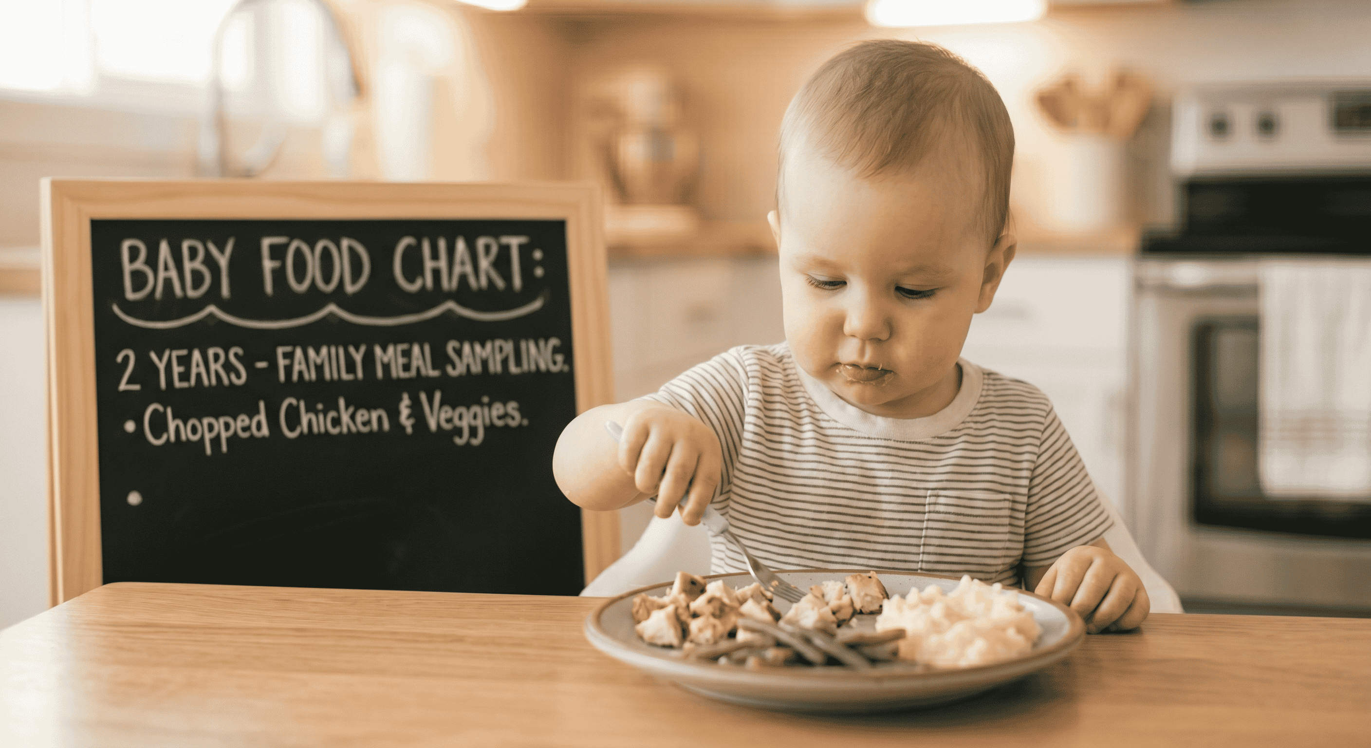 2 Year Old Food Chart showing family meal sampling with chopped chicken, green beans and mashed potatoes