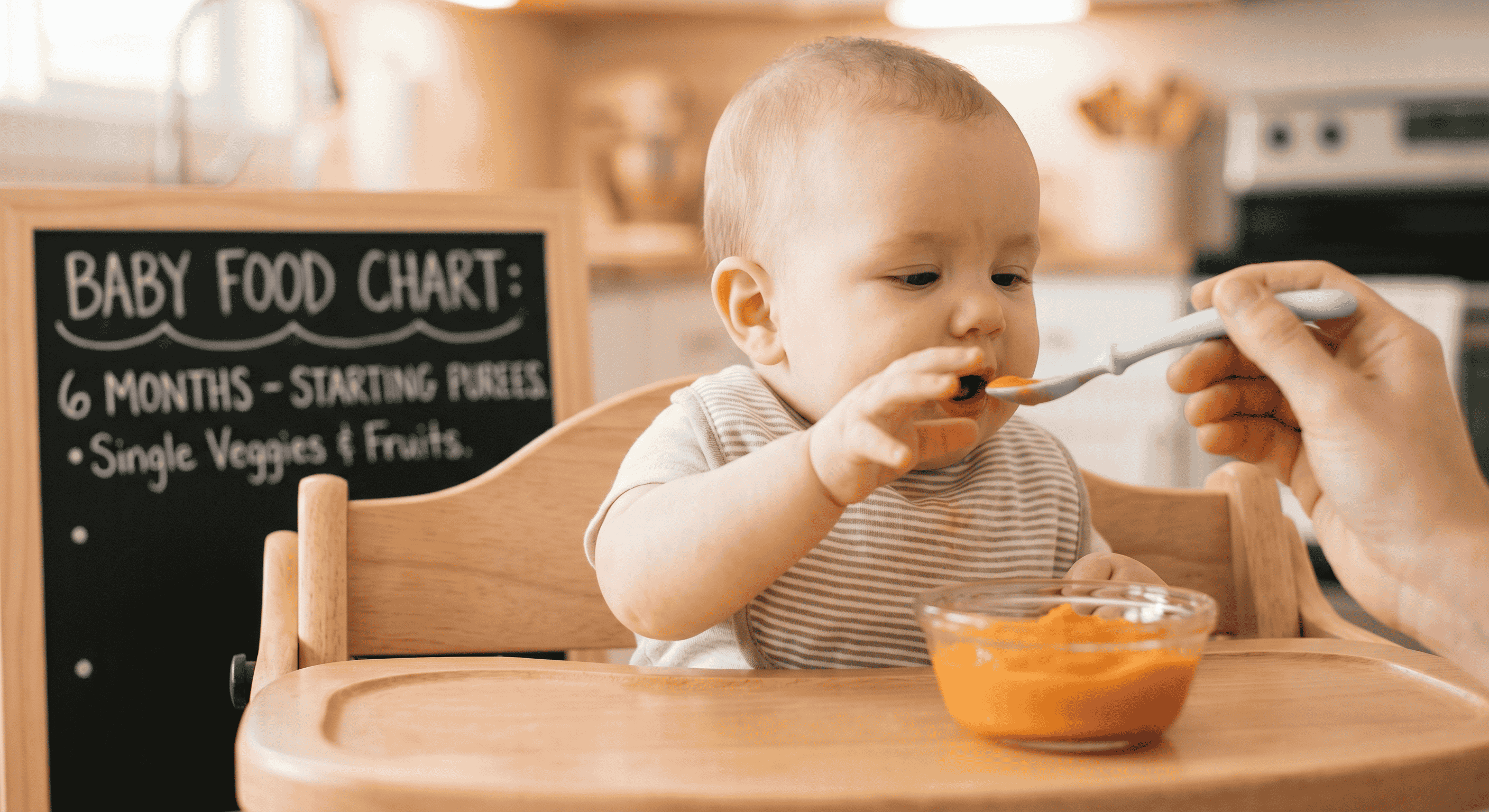 6 Month Baby Food Chart showing smooth sweet potato puree as a first food