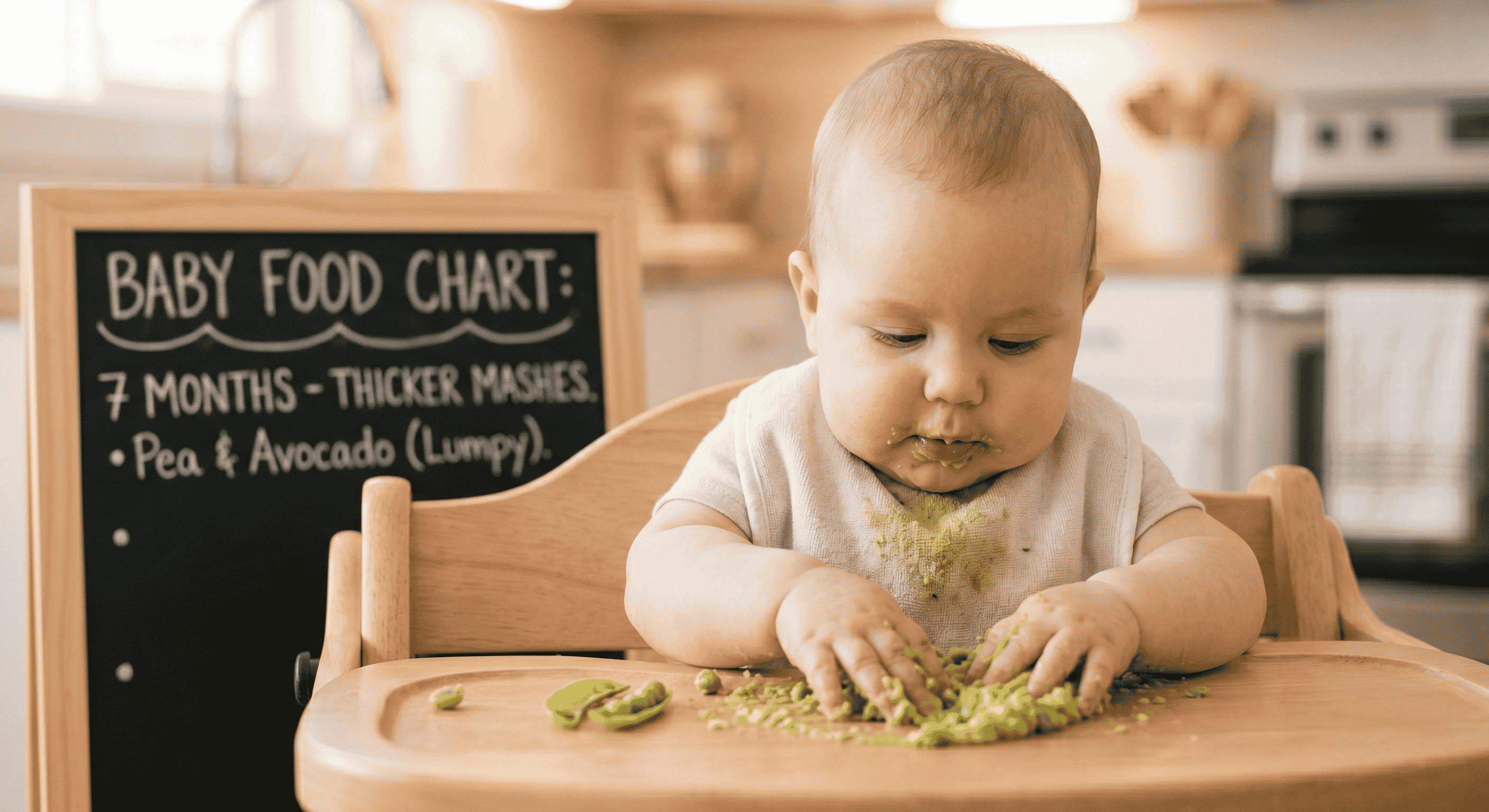 7 Month Baby Food Chart showing lumpy mashed peas and avocado