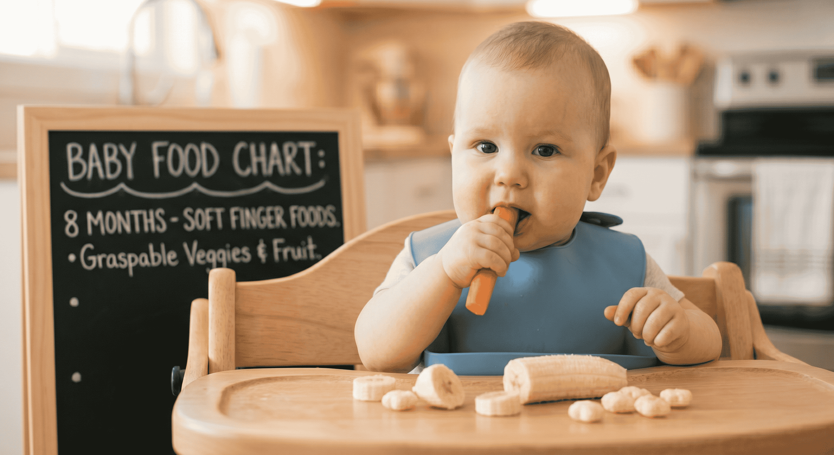 8 Month Baby Food Chart showing soft finger foods including steamed carrot sticks