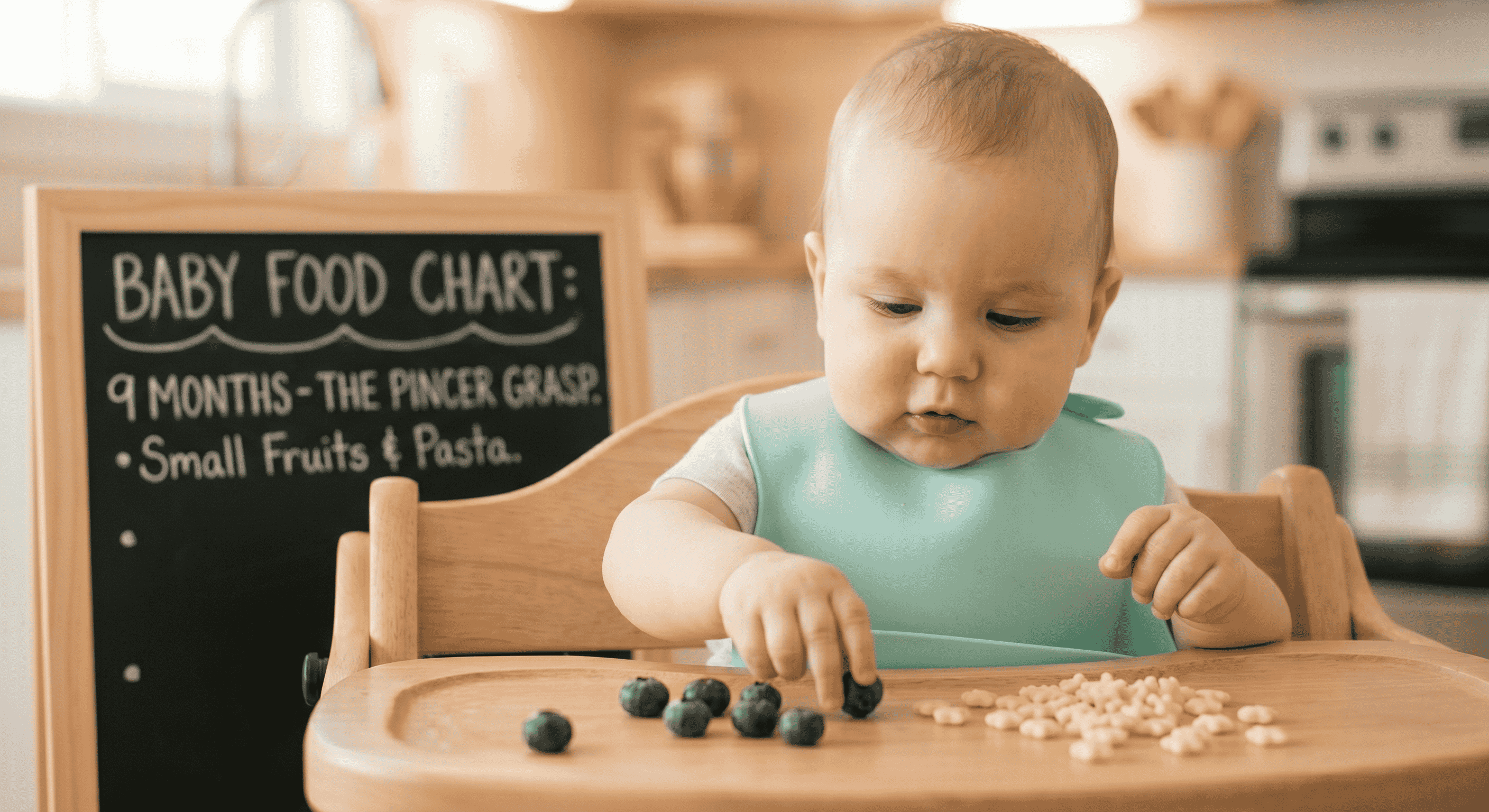 9 Month Baby Food Chart showing pincer grasp development with blueberries and pastina